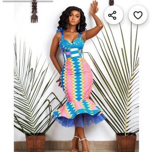 True‎ Fond Akai Kente Dress African Mermaid Gown Traditional Wedding Gown Sz Lg